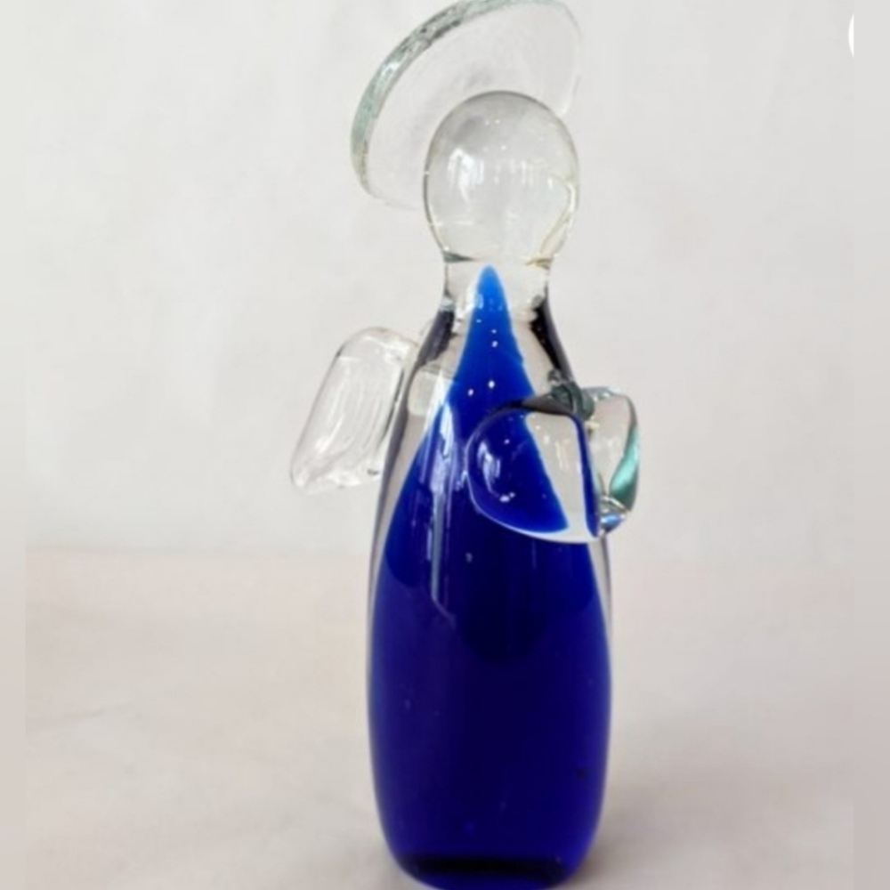 Hand Blown Murano Glass Cobalt Blue & Clear Angel Figurine 6.5”